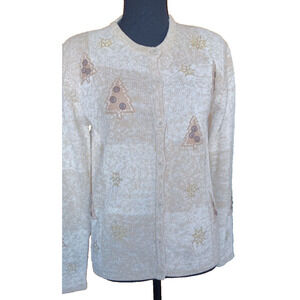 CHRISTOPHER & BANKS Cream Colored Embroidered Holiday Cardigan Women's Small Y2K